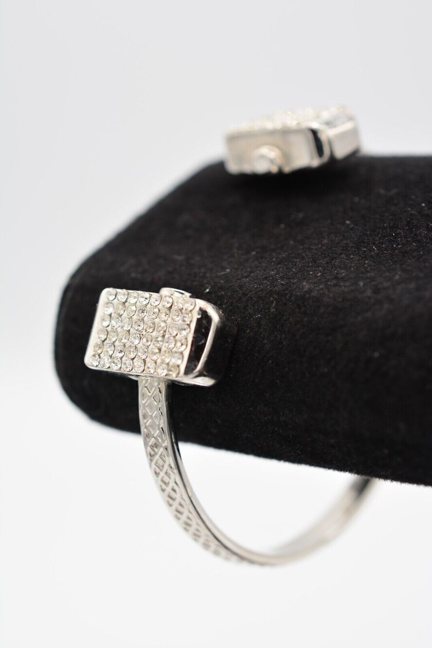 Floating Charm Cuff Bracelet Bangle Pave Rhinestone Crystal Silver Tone Bin2
